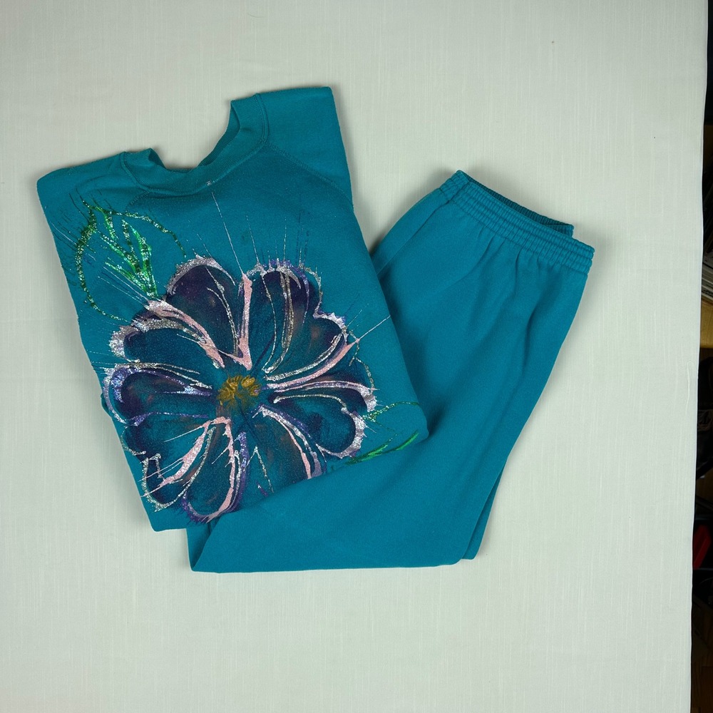 Vintage Teal Floral Hand Painted Sweatshirt and Sweatpants Set Large